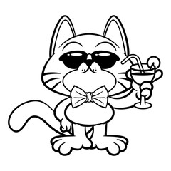 Cartoon illustration of funny kitten wearing bowtie and sunglasses, while drinking cocktails with glass at summer party. Best for outline, logo, and coloring book with party themes