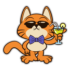 Cartoon illustration of Cute Orange kitten wearing bowtie and sunglasses, while drinking cocktails with glass at summer party. Best for mascot, logo, and sticker with party themes
