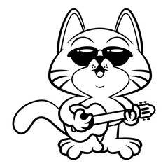 Cartoon illustration of Funny Cat wearing sunglasses and playing guitar at summer party. Best for outline, logo, and coloring book with music themes0