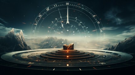 Double exposure of an old sundial and a futuristic digital interface, depicting time as a continuum.