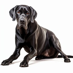 Black Great Dane Dog Laying on the Ground Relaxing Isolated on white background