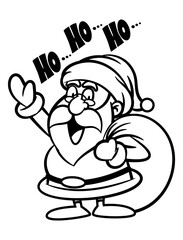Cartoon illustration of Santa Claus laughing while carrying a bag of toys and greeting a good kids. Best for outline, logo, and coloring book with christmas themes for kids