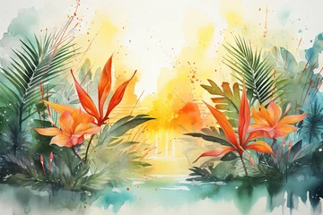 Fototapeten Fond tropique abstrait dans un style aquarelle. Des éclaboussures d'aquarelle. Fond d'écran. IA générative, IA © Merilno