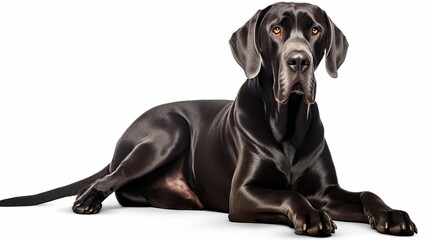 Black Great Dane Dog Laying on the Ground Relaxing Isolated on white background - obrazy, fototapety, plakaty