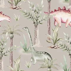 Watercolor dinosaur seamless pattern. Hand painted cute dinosaurs, tropical palm tree, jungle leaves, mountains. Dino illustration for design, wallpaper, scrapbooking © kris_art