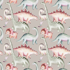 Watercolor dinosaur seamless pattern. Hand painted cute dinosaurs, tropical palm tree, jungle leaves, mountains. Dino illustration for design, wallpaper, scrapbooking