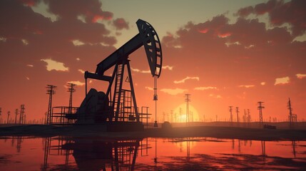 Captivating Silhouette of Oil Pump at Sunset, Merging the Wonders of Generative AI and Nature's Beauty