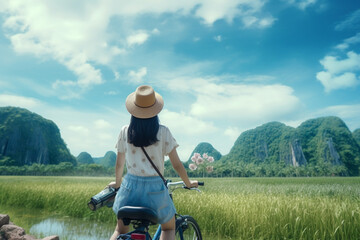 Beautiful young woman cycling and enjoying nature