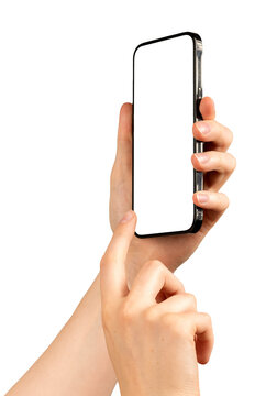 Hand holding mobile phone screen mockup, clicking on smartphone display, isolated on white