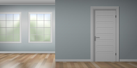 classic  interior empty room with two windows and door mock up vector illustration