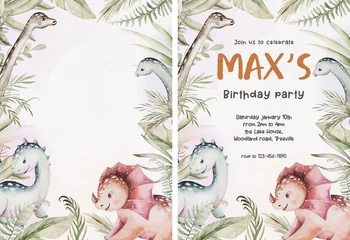 Foto op Plexiglas Cute dinosaur cartoon baby shower pre-made background watercolor illustration, hand painted dino for birthday poster decoration. Rex children funny © kris_art