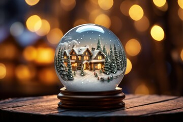 Fototapeta na wymiar Crystal ball showcasing a snowy Christmas village scene.
