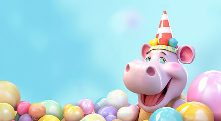 Happy baby hippo wearing party cone hat on blue background with pastel balloons and copy space, birthday concept