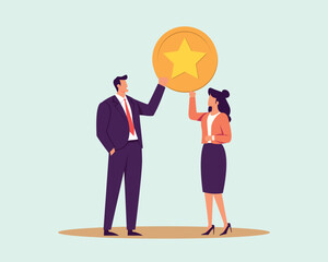 Fototapeta na wymiar Employee engagement, commitment or motivation to success with company, staff dedication or job satisfaction, productivity or employee recognition, business people employee with stars and happy reward.