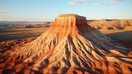 Aerial view of a sandstone Butte in Utah desert valley at sunset, Capitol Reef National Park, Hanksville, United States.