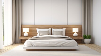 Fototapeta na wymiar Elegant white bedroom with wooden bed white curtains and pillows for rest and sleep Modern and bright