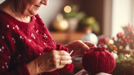 An elderly woman knits Christmas gifts for her grandchildren - obrazy, fototapety, plakaty