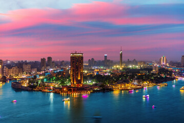 Sunset sky in the beautiful evening view of the Nile and Cairo, Egypt