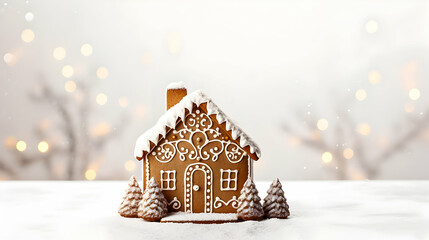 A whimsical gingerbread house, with a candy-coated roof and sugary decorations, sits in a magical winter scene.
