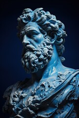 Statue stoïque cyanotype, portrait. Stoïcisme. Sculpture grecque antique. IA générative, IA