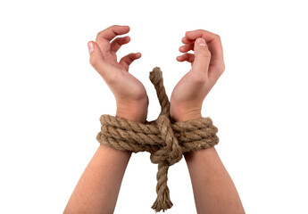 Hands tied with a strong jute rope in a knot on a white background. Hand with rope - Powered by Adobe