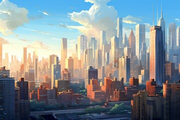 Morning cityscape with skyscrapers bathed in sunlight. Generative AI