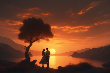 A sunset scene of a romantic couple. Generative AI