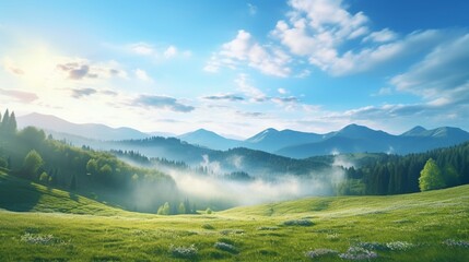 Mountain meadow in morning light. countryside springtime landscape with valley in fog behind the forest on the grassy hill. fluffy clouds on a bright blue sky. nature freshness concept