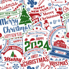 Merry Christmas and Happy New Year 2024 seamless pattern with snowflakes, hanging Christmas ball, Santa Claus, snowman, candy. Vector illustration. Christmas background with new year sticker