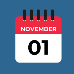 November 1st calendar reminder. 1st november daily calendar icon template. Calendar 1st november icon Design template. Vector illustration