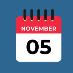 November 5 calendar reminder. 5 november daily calendar icon template. Calendar 5 november icon Design template. Vector illustration