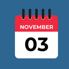 November 3 calendar reminder. 3 november daily calendar icon template. Calendar 3 november icon Design template. Vector illustration