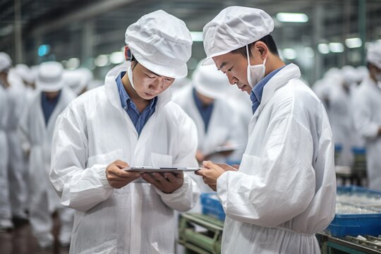 Factory employees using digital tablets for quality checks.