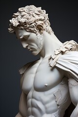 Statue masculine stoïque néoclassique, marbre, vue latérale. Brisé en morceaux. IA générative, IA