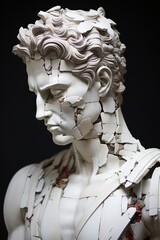 Statue masculine stoïque néoclassique, marbre, vue latérale. Brisé en morceaux. IA générative, IA