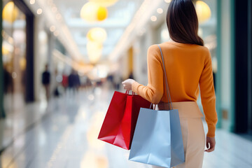 Woman with colorful bags in hand walking in the shopping mall. Rear view. - 669516204