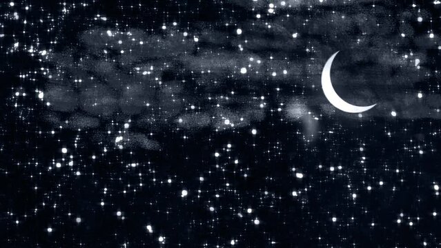 Stylised 2D painterly stylized cartoon animation background night sky with crescent moon, stars and light clouds. No camera move, horizontal cloud drift, moon on right hand side.