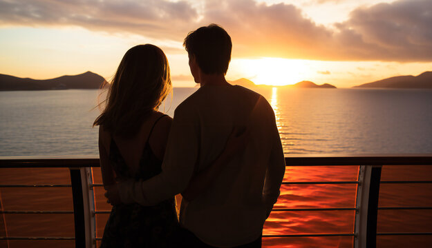 A young couple watching the sunset on the sea from a cruise ship deck