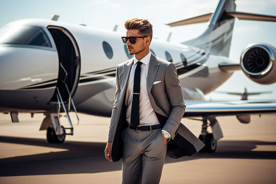 A young business man in suit in front of a private business jet