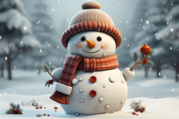 Greeting card with a snowman and snow fir trees