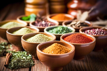Colored dried herbs, spices and powders in ceramic bowls on a wooden table