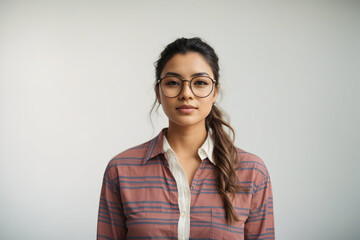 Seriuos woman in glasses portrait isolated on white studio background
