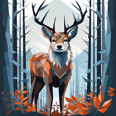 Deer with big antlers standing in a winter forest. Full body portrait of a stag it its natural habitat