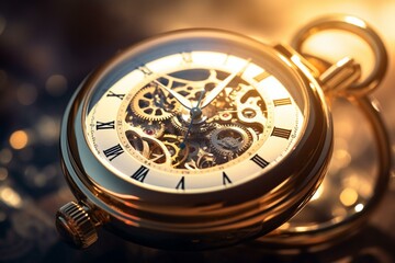 Close-up of an exquisite pocket watch with a chronograph. Focused on the elegant and detailed machinery. Time and work concept with lens flare. Generative AI