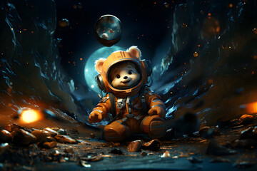 Drawing, a bear cub in a spacesuit sits on a spaceship against the backdrop of space in a cartoon style for little children