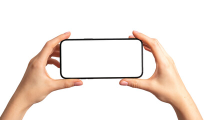 Mobile phone display mockup, horizontal smartphone screen in hands, isolated on white - Powered by Adobe