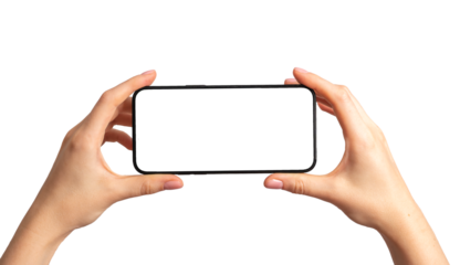 Mobile phone display mockup, horizontal smartphone screen in hands, isolated on white