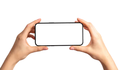 Foto op Canvas Mobile phone display mockup, horizontal smartphone screen in hands, isolated on white © valiantsin