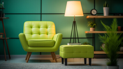 a small simple room, green tone,  chair in center