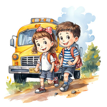 Watercolor Cute Children School Bus Clipart Illustration  